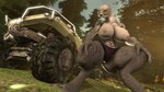 3d_(artwork) abs alien big_breasts breasts car clothed clothing digital_media_(artwork) exposed_breasts female forest grey_body grey_skin halo_(series) hands_on_knees hands_on_legs humanoid kasdaq looking_at_viewer microsoft panties panties_only plant sangheili solo thick_thighs topless tree underwear underwear_only vehicle warthog_vehicle_(halo) xbox_game_studios yellow_eyes