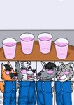 anthro beverage brainwashing canid canine canis clothing erection erection_under_clothing felid group hi_res hypnosis hypnovember hypnovember2024 lenderednel male mammal maned_wolf mind_break mind_control moschid musk_deer pantherine snow_leopard spiral_eyes tenting wolf