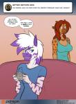 2017 amber_eyes anthro ask_blog blue_eyes breasts brown_hair cleavage clothed clothing comic conditional_dnp controller dialogue diamond_(kadath) digital_media_(artwork) english_text equid equine female furniture giraffe giraffid hair holding_object kadath mammal puzzle_(kadath) sofa text url zebra