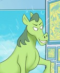 2023 >:) beast_boy clenched_teeth dc_comics detailed_background equid equine feral green_body green_hair green_skin hair hi_res horse inside jinasault long_hair male mammal pose short_ears smile smug smug_face solo standing teen_titans teeth