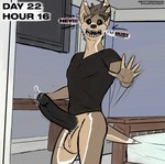 2022 5_fingers anthro athletic athletic_anthro athletic_male balls bat bedroom big_balls big_ears big_penis black_glans black_penis black_sclera bodily_fluids botter_dork bottomless bottomless_anthro bottomless_male brown_body brown_hair caught_off_guard cheek_tuft clothed clothing count day_count dialogue digital_media_(artwork) disgruntled dripping english_text erection facial_tuft fangs fingers fur genital_fluids genitals glans hair hi_res huge_penis humanoid_genitalia humanoid_penis hybrid leaking_precum long_penis looking_at_viewer male mammal meme mustelid no_nut_november number open_mouth otter penis precum precum_drip rio_(botter_dork) solo talking_to_viewer teeth text thick_penis topwear tuft vein veiny_penis