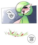 big_breasts blush breasts dialogue english_text female gardevoir generation_3_pokemon green_hair hair heart_eyes heart_symbol hi_res looking_back nintendo not_furry open_mouth pokemon pokemon_(species) pupils saltyxodium smile solo text