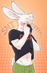 anthro black_clothing black_shirt black_topwear blush bulge clothing hi_res i_think_i_like_you kamiwoolfe lagomorph leporid male mammal rabbit scut_tail shirt short_tail sky_(i_think_i_like_you) sniffing solo tail topwear underwear