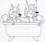 absurd_res anthro bath bathing canid canine canis duo eyes_closed fox happy hi_res jozefftech jozefftech_(jozefftech) male male/male mammal monochrome pen_(artwork) serdagonn_(character) simple_background tongue tongue_out traditional_media_(artwork)