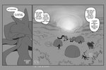 ambiguous_gender anthro biped comic dialogue english_text fur generation_4_pokemon generation_9_pokemon grass group hi_res human lopunny lucario lying lying_on_ground male mammal meowscarada monochrome nintendo on_back on_ground pillow plant pokemon pokemon_(species) samu_(sincastermon) scenery shrub silhouette sincastermon sleeping speech_bubble sun tail tenting text vine_(sincastermon)