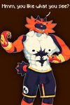 anthro body_hair bottomwear clothing digital_media_(artwork) english_text flexing fur generation_7_pokemon gesture green_eyes hand_gesture hi_res incineroar joel1122 looking_at_viewer male mammal muscular muscular_anthro muscular_male nintendo nipples one_eye_closed pixel_(artwork) pointing pokemon pokemon_(species) red_body red_fur shorts simple_background solo speech_bubble teeth text wink