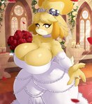 2022 4_fingers absurd_res animal_crossing anthro ball_gown big_breasts bouquet breasts candle canid canine canis cleavage clothed clothing crown digit_ring digital_media_(artwork) domestic_dog dress eyebrows female fingers flower gammainks headgear hi_res huge_breasts inside isabelle_(animal_crossing) jewelry looking_at_viewer mammal nintendo petals plant ring rose_(flower) rose_petals shih_tzu smile solo tiara toy_dog wedding_dress wedding_ring