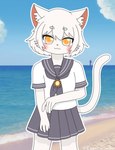 absurd_res asian_clothing clothing domestic_cat east_asian_clothing felid feline felis female fur hair hi_res japanese_clothing japanese_school_uniform kawaiirosiechan mammal orange_eyes school_uniform short_hair solo tail uniform white_body white_fur white_hair white_tail