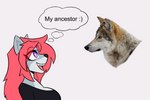 3:2 anthro big_breasts breasts canid canine canis clothing english_text female fur grey_body grey_fur hair lemondude looking_up mammal my_ancestor! open_mouth pink_hair purple_eyes real serena_(lemondude) simple_background text wolf