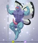 abs antennae_(anatomy) anthro anthrofied armpit_hair ball_tuft balls barazoku bodily_fluids body_hair butterfree facial_hair fangs generation_1_pokemon genital_fluids genitals hi_res insect_wings lepidopteran_wings lovkuma male muscular muscular_anthro muscular_male mustache nintendo nude pecs penis pokemon pokemon_(species) pokemorph pole precum precum_string pubes purple_balls purple_body red_eyes solo sparkles spiral_penis stripper_pole tapering_penis teeth tuft unusual_anatomy unusual_genitalia unusual_penis wings