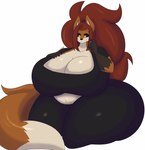 2023 5_fingers anthro big_breasts black_bottomwear black_clothing black_pants black_sclera black_topwear bottomwear breast_expansion breasts canid canine cleavage clothed clothing dewwydarts dipstick_tail expansion female fingers fluffy fluffy_tail fox fur gloves_(marking) hi_res huge_breasts huge_thighs hyper hyper_thighs kneeling looking_down maddie_(dewwydarts) mammal markings multicolored_body multicolored_fur navel orange_body orange_fur pants simple_background solo tail tail_markings thick_thighs thigh_expansion topwear two_tone_body two_tone_fur white_background white_body white_fur wide_hips yellow_eyes