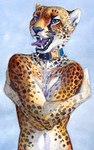 2023 anthro blue_collar blue_eyes cheetah collar felid feline fur hi_res luikatje male mammal markings nude open_mouth painting_(artwork) self_hug solo spots spotted_body spotted_fur tongue tongue_out traditional_media_(artwork) watercolor_(artwork)