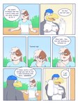 3:4 annoyed anthro avian bird blue_hair butt chest_tattoo clothing comic duo english_text hair hi_res himbo humor lagomorph leporid male mammal muscular nipples oblivious open_mouth phillip_(rain-yatsu) rabbit rain-yatsu smile tattoo text