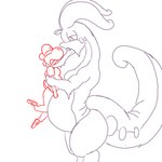 1:1 ambiguous_gender anthro belly big_belly bodily_fluids duo fan_character generation_6_pokemon goodra imminent_vore likasomboody long_tongue male mario_bros moobs nintendo pokemon pokemon_(species) saliva saliva_on_tongue saliva_string slightly_chubby slightly_chubby_male slime tail tongue vore yoshi