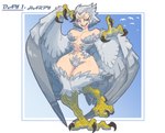 absurd_res avian bangboodoragon breasts claws european_mythology feathered_wings feathers feet female greek_mythology grey_body grey_feathers grey_hair hair harpy hi_res humanoid looking_at_viewer mammal mostly_nude mythological_avian mythological_creature mythology short_hair simple_background smile solo tail tail_feathers talons toes wings yellow_eyes