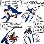 1:1 comic english_text female humor insane looking_at_viewer low_res mammal open_mouth sergal simple_background text the_singing_shark tongue unknown_artist white_background