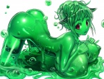 big_breasts breasts bubble chikokuma female glistening goo_creature green_theme huge_breasts humanoid looking_at_viewer messy monster_girl_(genre) nipples not_furry nude red_eyes slime solo translucent translucent_body