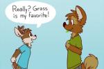 2017 3:2 anthro bottomwear canid canine canis clothed clothing comic darwin_(tinydeerguy) deer dialogue domestic_dog eating english_text eye_contact fully_clothed grass looking_at_another male mammal matt_riskely pants plant shirt speech_bubble text tinydeerguy topwear