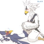 1:1 anthro athletic athletic_anthro athletic_male avian beak blue_body blue_feathers blush breath_of_the_wild duo embarrassed feathers feet japanese_text kusachi looking_pleasured lying male male/male nintendo nude on_back revali rito sex talons teba_(tloz) text the_legend_of_zelda toes white_body white_feathers yellow_beak