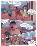 4:5 abe_(mikrogoat) amusement_ride anthro argument arm_grab basil_(mikrogoat) boardwalk bottomwear clothed clothing cloud comic detailed_background dialogue digital_media_(artwork) domestic_pig dress english_text eyewear female ferris_wheel fur group hair hi_res horn lagomorph leporid male mammal mikrogoat outside overweight overweight_male procyonid rabbit raccoon ruby_(mikrogoat) running sea shirt shorts sky street_lamp suid suina sun sunglasses sus_(pig) text topwear url visor water