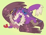 ambiguous_gender avian bird domestic_cat duo felid feline felis feral fur green_background guncht mammal on_another purple_body purple_fur simple_background tan_body tan_fur