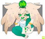 absurd_res angel anus clothed clothing female genitals green_eyes green_genitals hi_res humanoid legwear lystraoleg pussy short_stack simple_background solo spread_wings stirrup_stockings stockings wings