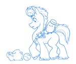 avian badge ball bcpony bird clothing cloudpuff_(mlp) daww earth_pony equid equine group hasbro hat headgear headwear hitch_trailblazer_(mlp) hooves horse kenneth_(mlp) line_art male mammal mlp_g5 monochrome my_little_pony pony sash sheriff sheriff_badge tennis_ball trio wings