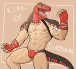 2021 abs animal_head anthro barazoku better_version_at_source bulge character_name claws clothing dinosaur fingerless_gloves for_a_head gloves handwear hi_res humanoid irreplaceable_bvas jrjresq king_of_dinosaurs king_of_fighters male muscular muscular_anthro muscular_male navel nipples open_mouth open_smile pecs pinup portrait pose prehistoric_species reptile scalie simple_background smile snk solo standing tan_background thong three-quarter_portrait unavailable_at_source underwear