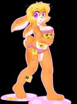 alpha_channel anthro blonde_hair bodily_fluids famicom female floppy_disk fur hair lagomorph leporid lolipoplamb mammal nintendo orange_body orange_fur purple_eyes rabbit solo sweat sweatdrop tangobunny