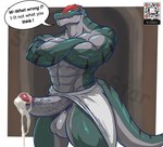 abs anthro balls biceps blush bodily_fluids cum english_text genital_fluids genitals hi_res kudo_(the_dawn_of_the_witch) leaking_cum lizard male masterelrest muscular muscular_anthro muscular_male penis qr_code reptile scalie solo tail text the_dawn_of_the_witch towel vein veiny_penis