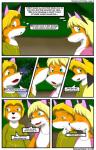 anthro black_nose blonde_hair blue_eyes blush brother_(lore) canid canine clothed clothing comic dialogue duo embarrassed english_text eyes_closed female firecat fox grass green_eyes hair hi_res kissing kit_(kitsune_youkai) kitsune_youkai male mammal nose_kiss open_mouth plant red_blush red_fox sibling_(lore) sister_(lore) text true_fox