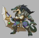 absurd_res anthro breasts claws countershading crocodile crocodilian crossgender exaxuxer female full-length_portrait hair hi_res kumaxcross league_of_legends portrait renekton reptile riot_games scalie solo standing tencent weapon