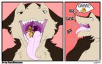 2020 absurd_res accipitrid accipitriform anthro anthro_pred asphyxiation avian bird canid canine canis choking cocoa_(no-one_k) comic comic_panel dialogue duo eagle edam_wedge extreme_size_difference female hi_res hybrid male male/female mammal mawplay micro mouth_shot open_mouth sergal size_difference teeth thaismotosuwa tongue tongue_out uvula vore wolf