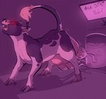 after_transformation big_teats big_udders blush bodily_fluids bovid bovine breast_milking cattle female feral hi_res lactating looking_pleasured machine mammal milk milking_machine nipples purple_theme raised_tail solo spread_legs spreading tail teats udders zoba_(artist)