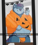 absurd_res anthro belly belly_overhang big_belly blue_body blue_fur bulge canid canine canis cellphone clothed clothing electronics english_text fur furelliot halloween hi_res holidays hoodie jack-o'-lantern_print jockstrap male mammal mirror mirror_reflection mirror_selfie obese obese_anthro open_mouth orange_clothing orange_jockstrap orange_topwear orange_underwear overweight overweight_anthro overweight_male phone reflection selfie smartphone smile smiling_at_viewer smirk smirking_at_viewer solo sweatshirt text topwear underwear wolf yukon