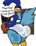 anthro avian ball basketball_(ball) basketball_uniform beak bedroom_eyes big_butt bird blue_body blue_feathers bottomwear butt clothed clothing crossgender cuculiform digital_media_(artwork) english_text feathers female greater_roadrunner hi_res huge_butt lewdewott looking_at_viewer looking_back looney_tunes narrowed_eyes new_world_ground_cuckoo road_runner_(looney_tunes) roadrunner seductive shorts simple_background solo space_jam sportswear tail tail_feathers text thick_thighs topwear tune_squad_outfit uniform warner_brothers white_background