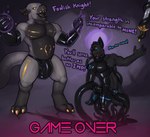 absurd_res anal anal_penetration anthro bulge bulge_fondling canid canine canis clothing demon duo game_over gameplay_mechanics goo_transformation hi_res jackal jackie_demon jackiethedemon latex latex_clothing latex_skinsuit magic magic_user male male/male mammal melee_weapon penetration skinsuit stiefel_(argon_ramos) sword tentacle_in_ass tentacle_penetration tentacles tight_clothing transformation weapon