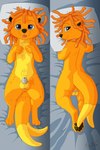 2:3 anthro aven_(leaff) balls bdsm blep blue_eyes chastity_cage chastity_device dakimakura dreadlocks forked_tail fur genitals hi_res kurodfox male mammal mustelid orange_body orange_fur otter pillow solo tagme tail tongue tongue_out unusual_anatomy unusual_tail