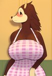 absurd_res animal_crossing anthro big_breasts blush breasts brown_body brown_eyes brown_fur clothing curvy_figure dress embarrassed eulipotyphlan female fur hedgehog hi_res huge_breasts jigglephysics looking_at_viewer mammal nintendo pink_clothing pink_dress sable_able solo