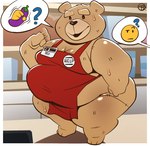 anthro apron bear belly bodily_fluids clothed clothing emojis gesture half_naked half_naked_male hi_res male mammal name_tag overweight overweight_anthro overweight_male partially_clothed plushie short_stack smile solo speech_bubble suggestive suggestive_dialogue suggestive_gesture suggestive_look suggestive_pose sweat ted_(movie) ted_(ted) thick_thighs trashtoonz