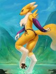 2018 3_toes absurd_res alternate_version_at_source anthro armwear bandai_namco barefoot bikini black_pawpads black_sclera blue_eyes breasts butt butt_pose canid canine claws clothed clothing curling_toes detailed_background digimon digimon_(species) digital_media_(artwork) digitigrade exposure_variation feet female fur hi_res long_legs looking_at_viewer looking_back mammal mountain neck_tuft outside pawpads photonoko pose rear_view renamon soles solo swimwear thick_thighs third-party_edit toes topless tuft two-piece_swimsuit water wet yellow_body yellow_fur