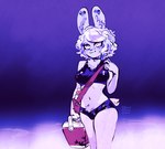 2022 anthro beach bestfriendforever besty_(character) chest_tuft clothing digital_drawing_(artwork) digital_media_(artwork) gynomorph handbag hi_res intersex lagomorph leporid looking_at_viewer mammal nonbinary_(lore) pubes rabbit smile solo swimwear tuft yellow_eyes