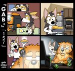 anthro base_two_layout bedroom beverage blank_stare bodily_fluids boxer_briefs breakfast canid canine canis chair chow_chow clothed clothing coffee comic computer cooking dialogue domestic_dog drooling duo electronics eyewear four_frame_grid fur furgonomics furniture gab_(comic) gabshiba gaming glasses grid_layout half-closed_eyes headgear headphones headset herding_dog kitchen korg_(gabshiba) light_bulb male mammal monster_energy narrowed_eyes omelette on_chair orange_body orange_fur pastoral_dog pictographics playing_video_game purple_clothing purple_underwear regular_grid_layout saliva sitting sitting_on_chair six_frame_image spitz topless two_row_layout underwear waking_up wang_chow welsh_corgi worried