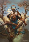 1_toe 2024 4_legs angel big_muscles blue_bottomwear blue_clothing blue_loincloth bottomwear clothing detailed humanoid knight loincloth looking_at_viewer male muscular muscular_humanoid muscular_male pecs peter_mohrbacher sitting_on_tree solo warrior