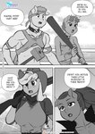 alternating_focus anthro anthrofied applejack_(mlp) baseball_bat bat_(object) bell clothing collar comic dialogue dog_wrangler_(oc) earth_pony english_text equid equine fan_character female friendship_is_magic group gun hammer hasbro hi_res horn horse mammal monochrome my_little_pony mythological_creature mythological_equine mythology pia-sama pony ranged_weapon shotgun text tools unicorn weapon