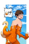 2_tails absurd_res anthro arm_fins backsack balls brown_hair buizel butt eyewear fangs fin generation_4_pokemon genitals glasses goo_transformation hair hi_res human looking_back male mammal mid_transformation multi_tail mustelid nintendo open_mouth perineum pokemon pokemon_(species) sharp_teeth sky_background slime solo speech_bubble standing tail teeth toshabi transformation