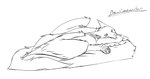 2024 amara_excavar awake black_and_white chimera comfy dog_bed ear_piercing enfield feathered_wings feathers feral fur furry_tail hi_res mammal monochrome pet_bed piercing quadruped scuted_hands scutes sketch tail whenwolvescryout wings