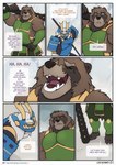 anthro arashi_(leobo) armor barefoot blue_armor brown_body brown_fur canid canine close-up club_(weapon) color_coded_text comic dialogue duo english_text eyes_closed feet felid fighting_pose fur green_armor green_eyes halberd headgear helmet hi_res holding_object holding_weapon imminent_fight kotaro_(leobo) laugh leobo male mammal mask melee_weapon page_number pantherine patreon patreon_logo polearm pose raccoon_dog red_eyes seven_frame_image speech_bubble standing surprise tanuki text tiger url weapon weapon_on_shoulder