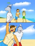 3:4 adam_caro anthro beach canid canine canis clothed clothing comic coyote felid feline fish frisbee fully_clothed fuze group hi_res ian_dela_cruz lynx male mammal marine mond_reyes navel nipples seaside shark shirt swimming_trunks swimwear t-shirt texnatsu topless topwear