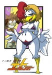 3_toes anthro avian barefoot beak big_breasts bikini bird bittenhard blonde_hair breasts canid canine canis chicken clothed clothing digital_media_(artwork) domestic_dog duo eto_rangers feet female fur galliform gallus_(genus) green_eyes hair looking_at_viewer male mammal navel phasianid pochiro pubes skimpy solo_focus swimming_trunks swimwear tart_(eto_rangers) toes two-piece_swimsuit white_body white_fur